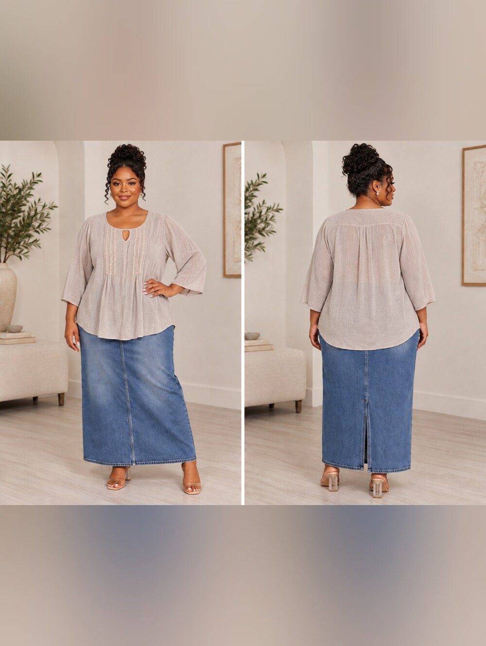 Avenue Beige Crochet-Trim Peasant Blouse